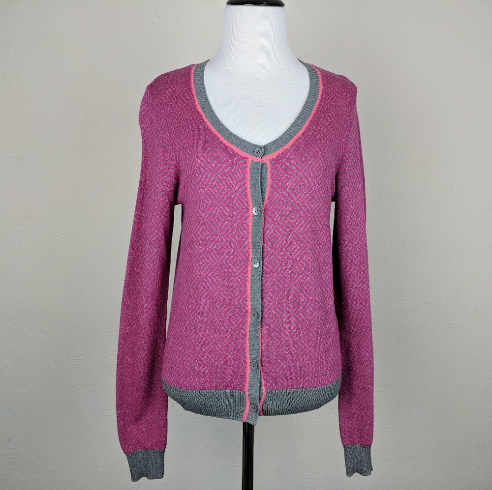 CAbi Meg Sweater Cardigan Academia Geometric Spring Summer Fall Preppy Pink Gray